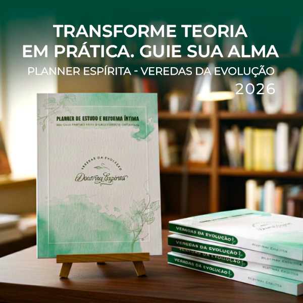 Imagem representando o planner Espirita Veredas da Evolução com capa em tons de verde aquarela