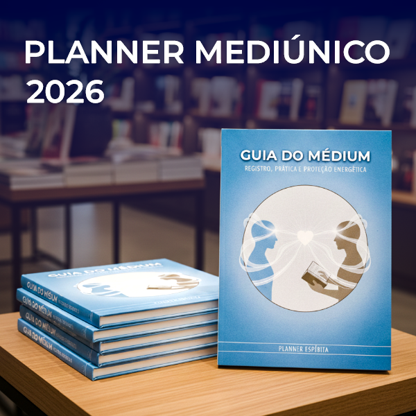 Imagem que representa o Planner mediunico guia para médiuns 2026, com capa na cor azul e o fundo de uma biblioteca