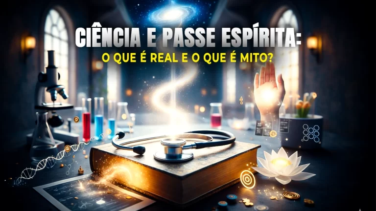 Representação visual da união entre ciência e espiritualidade: um estetoscópio sobre um livro antigo conectado a uma galáxia luminosa, com uma mão estendida emitindo luz ao lado de instrumentos de laboratório.