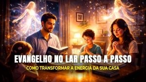 Família reunida à mesa para realizar o Evangelho no lar passo a passo com livros espíritas e água fluidificada