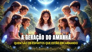 Imagem representando a Geração do Amanhã com crianças cercadas por luz e natureza, simbolizando a renovação espiritual da Terra