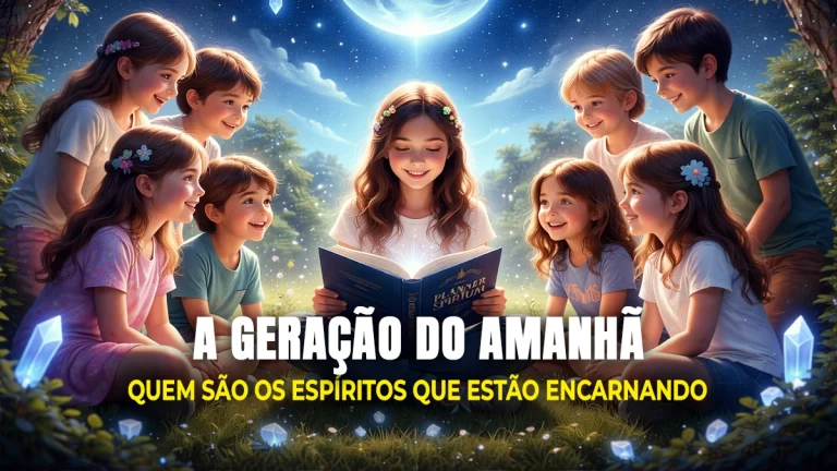 Imagem representando a Geração do Amanhã com crianças cercadas por luz e natureza, simbolizando a renovação espiritual da Terra
