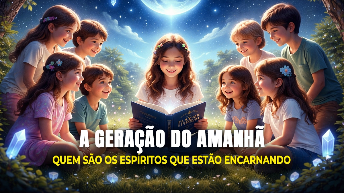 Imagem representando a Geração do Amanhã com crianças cercadas por luz e natureza, simbolizando a renovação espiritual da Terra
