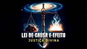 Uma balança equilibrada entre luz e sombras, representando a lei de causa e efeito e a justiça divina na visão espírita.
