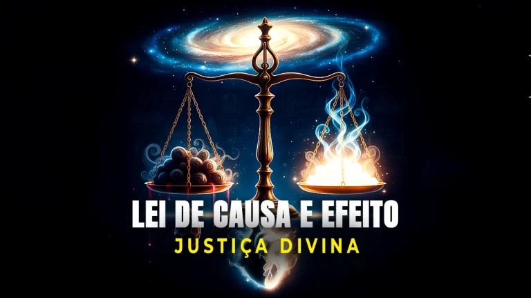 Uma balança equilibrada entre luz e sombras, representando a lei de causa e efeito e a justiça divina na visão espírita.