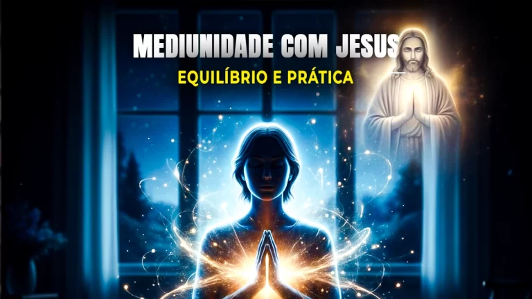 Uma figura humana iluminada com as mãos postas, cercada por pontos de luz que representam a conexão equilibrada entre os mundos físico e espiritual