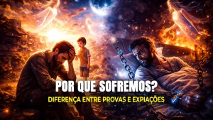 Representação da justiça divina ilustrando a diferença entre provas e expiações no caminho da evolução espiritual