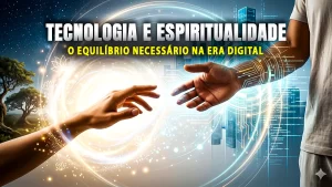 Uma mão humana e uma mão robótica quase se tocando em um fundo abstrato de luz, representando a fusão entre progresso material e consciência espiritual.