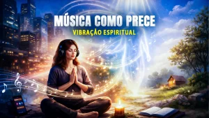 Uma pessoa em momento de prece profunda, cercada por ondas sonoras luminosas, simbolizando a música como ferramenta de elevação espiritual.