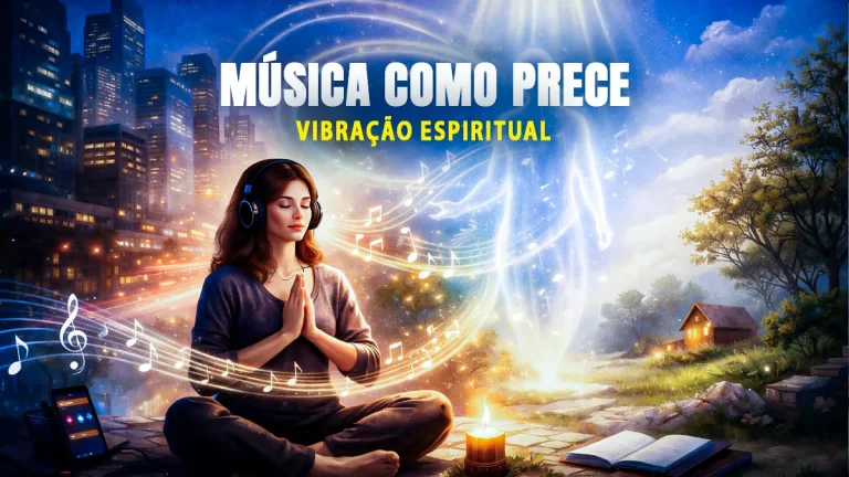 Uma pessoa em momento de prece profunda, cercada por ondas sonoras luminosas, simbolizando a música como ferramenta de elevação espiritual.